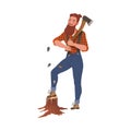 Bearded Woodman or Lumberman in Checkered Shirt and Sling Pants Standing with Ax Vector Illustration