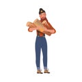 Bearded Woodman or Lumberman in Red Checkered Shirt and Sling Pants Standing with Pile of Logs Vector Illustration