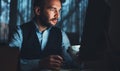 Bearded young businessman working on modern office. Consultant man thinking looking in monitor computer. Manager typing keyboard Royalty Free Stock Photo