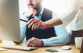 Bearded young businessman working on office. Director man thinking looking in monitor computer. Managers meeting. Idea, alalyze ma Royalty Free Stock Photo