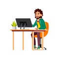 bearded young man guy work at pc in office cartoon vector Royalty Free Stock Photo