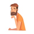 Bearded Young Man Looking at Us, Man Sitting with His Head Propped on Hand Vector Illustration