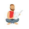 Bearded young man sitting on the floor and reading a book vector Illustration Royalty Free Stock Photo