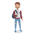Bearded young man wearing baseball jacket standing with backpack cartoon character vector Illustration