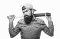 Beardman holding a baseball bat. Isolated white background. Man swung the bat. Hooligan with baseball bat ready for Royalty Free Stock Photo