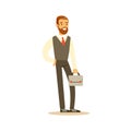 Beardy Businessman With Suitcase, Business Office Employee In Official Dress Code Clothing Busy At Work Smiling Cartoon