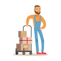 Beardy Delivery Service Worker With Loaded Cart, Smiling Courier Delivering Packages Illustration Royalty Free Stock Photo