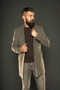Beardy hipster. Hipster on grey background. Bearded hipster wear casual jacket and jeans. Brutal man in hipster style