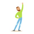 Beardy Man In Green Sweater Overwhelmed With Happiness And Joyfully Ecstatic, Happy Smiling Cartoon Character