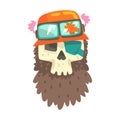 Beardy Scull In Orange Helmet With Shades, Colorful Sticker With War And Biker Culture Attributes Vector Icon