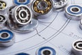bearings of different types, micrometer, caliper and ruler on the drawings of technical products. Technologies and engineering Royalty Free Stock Photo