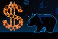 Bearish market and downtrend concept with digital yellow glowing dollar sign and bear symbol on background. 3D rendering