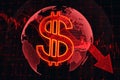 Bearish stock market, investing and weakening of the currency concept with glowing digital red dollar symbol, falling financial