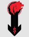 Bearish symbols on stock market vector. Fund, forex or commodity falling price, isolated on gray background. Red bear with down