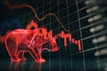 Bearish tock market crash and economy crisis concept with digital red bear and glowing financial chart candlestick and diagram on