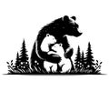 Mother bear with two cubs hugging on nature background, black and white vector illustration Royalty Free Stock Photo