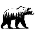 Double exposure bear silhouette, black and white vector illustration, representing nature conservation Royalty Free Stock Photo