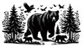 Silhouette of a bear with cubs in the forest black and white illustration symbolizing wildlife Royalty Free Stock Photo