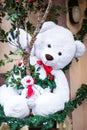 Bears as christmas decorations on building in center of small alsacian village near Colmar, Alsace, France during christmas time. Royalty Free Stock Photo