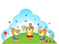 Bears brothers are playing jump rope in the garden