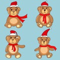 Bears brown stickers in Christmas hats Santa Claus