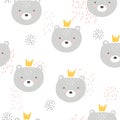Bears with crowns, colorful seamless pattern. Decorative cute background with animals