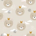 Colorful seamless pattern, bears with crowns. Decorative cute background with muzzles of animals