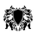 Bears guarding heraldic shield among rose flowers black and white vector design