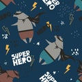 Colorful seamless pattern with bears - super heroes. Decorative cute background with funny animals, text