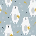 Colorful seamless pattern with happy bears, comets, stars. Decorative cute background, funny animals, night sky