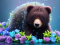 Cute little bear with flowers and water drops