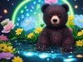 Cute little bear sitting with flowers and water drops