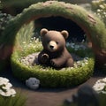 beautiful bear cub sitting near the den in the flower garden with happy face