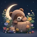 good night all, cute beautiful bear sleeping in the basket full of flowers