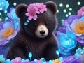 neon color flower garden with cute little bear