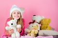 Bears toys collection. Child small girl playful hold teddy bear plush toy. Kid little girl play with soft toy teddy bear Royalty Free Stock Photo