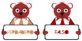 Bears with true and false signs, bear, quiz, spanish, isolated.