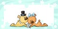 Bears in wedding dress lies on horizontal design - vector