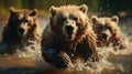 Bears in wild nature, running on camera. Action wildlife scene with dangerous animal. Grizzly running along the rocky