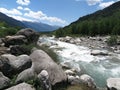 View of the Beas River running through the Kullu Valley, set against the Western Himalayas, Himachal Pradesh, India Royalty Free Stock Photo