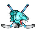 Beast bear face from the side view with hockey puck and crossed stick. Logo for any sport team polar bear isolated on white