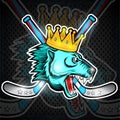 Beast bear face from the side view with hockey puck, crown and crossed stick. Logo for any sport team polarbear