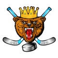 Beast bear from the front view with crown and crossed hockey stick. Logo for any sport team grizzly isolated on white