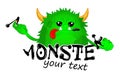 Beast took a bite of a Letter. Cute Kids Monster Vector Logo Template. Hungry cartoon hairy monster. Vector Halloween green furry