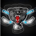 Beast wolf face from the front view with hockey puck and crossed stick. Logo for any sport team timberwolf