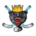 Beast wolf face from the front view with hockey puck, crown and crossed stick. Logo for any sport team timberwolf isolated on whit