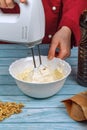 Beat egg whites and granulated sugar with an electric mixer. Royalty Free Stock Photo