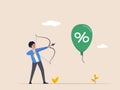 Beat inflation concept. Economic risk or investment bubble. Businessman shoots balloons with an arrow. Federal Reserve