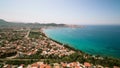 View to coastal town from drone