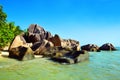 Beatiful beach Anse Source d`Argent with big granite stones in La Digue Island, Indian Ocean, Seychelles. Royalty Free Stock Photo